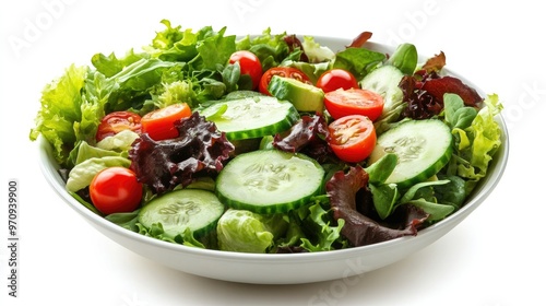 A fresh salad bowl with mixed greens, avocado, cherry tomatoes, and cucumber slices, isolated on a white background