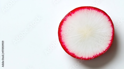 A fresh slice of radish with its bright red skin and white interior, set against a clean white backdrop photo