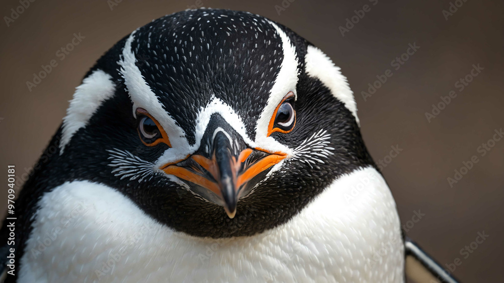 Naklejka premium Penguin closeup of black and white feathers and small eyes with plain background