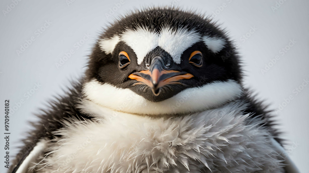 Fototapeta premium Penguin chick closeup of soft downy feathers with plain background