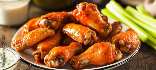 A plate of spicy buffalo wings with celery sticks and blue cheese dressing photo