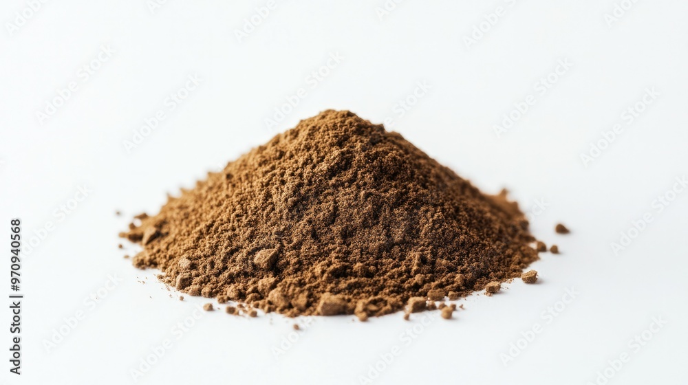 A heap of finely ground houjicha powder placed centrally on a pure white background, perfect for tea-related visuals A heap of finely ground houjicha powder placed centrally on a pure white background, perfect for tea-related visuals