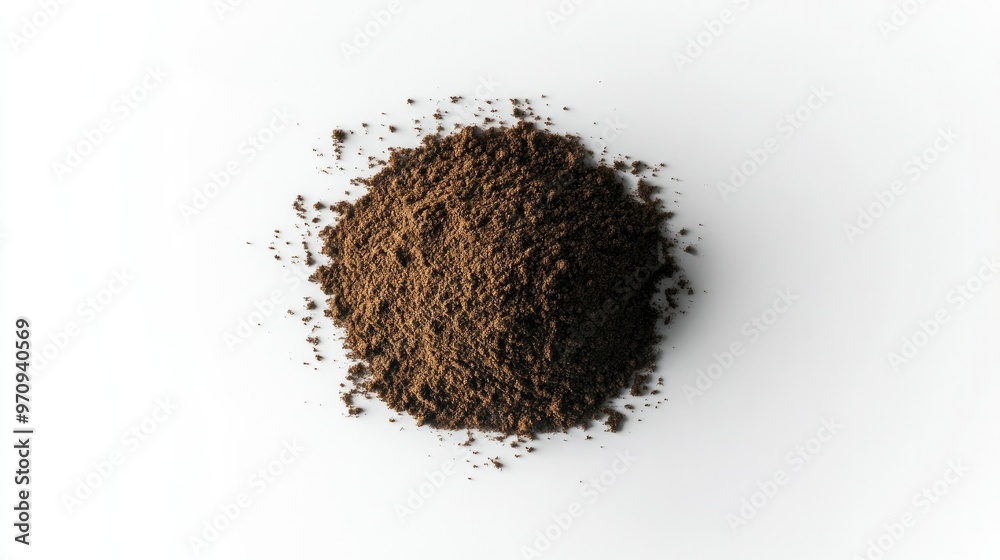 A heap of finely ground houjicha powder placed centrally on a pure white background, perfect for tea-related visuals A heap of finely ground houjicha powder placed centrally on a pure white background, perfect for tea-related visuals