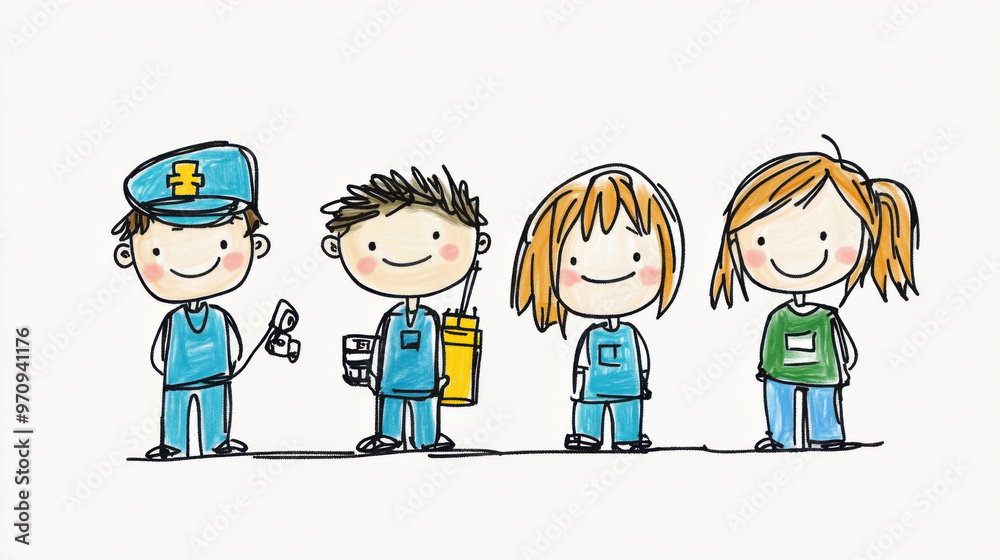 Illustration of four cartoon children dressed in healthcare worker uniforms, symbolizing medical careers and teamwork in healthcare. Illustration of four cartoon children dressed in healthcare worker uniforms, symbolizing medical careers and teamwork in healthcare.
