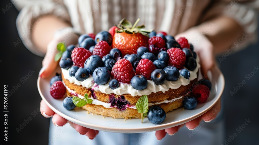 Hands of a female holding a plate of blueberry cake