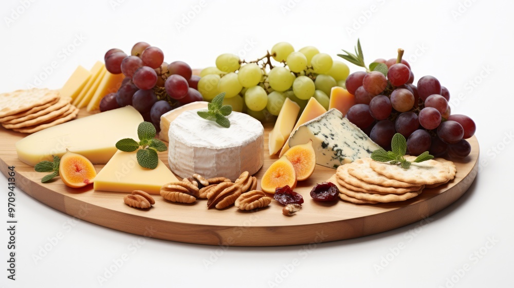 Wooden board with tasty cheese on white background. Neural network ai generated art