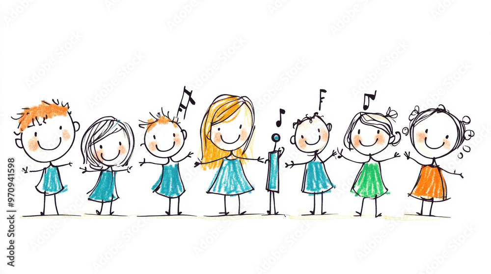 Colorful doodle drawing of six smiling children singing together, with musical notes surrounding them, conveying joy and fun. Colorful doodle drawing of six smiling children singing together, with musical notes surrounding them, conveying joy and fun.