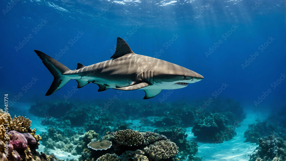 Fototapeta premium Shark closeup swimming in deep blue waters with coral reefs in the background