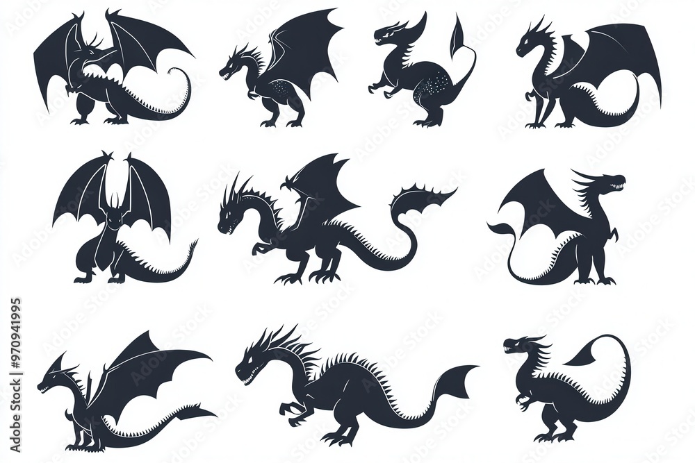 A set of black and white drawings of various types of dragons, generative ai image