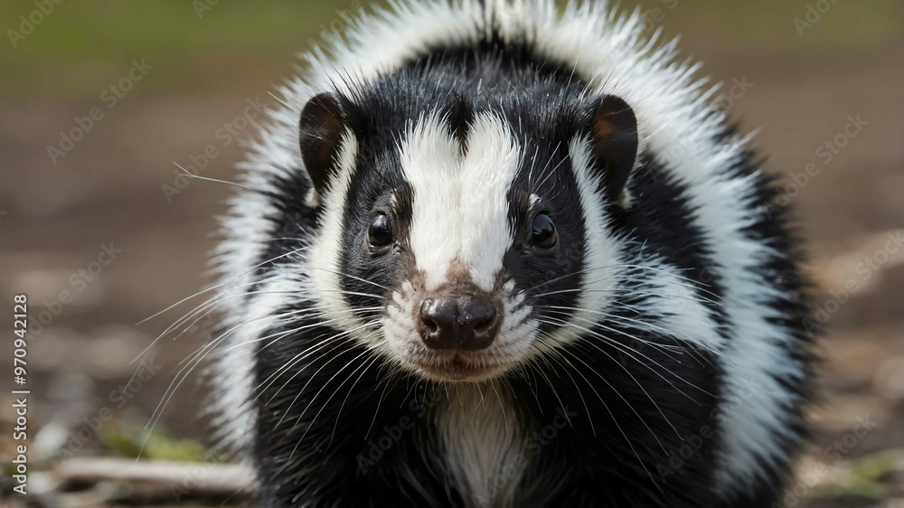 Skunk closeup showing black and white fur with plain background Skunk closeup showing black and white fur with plain background