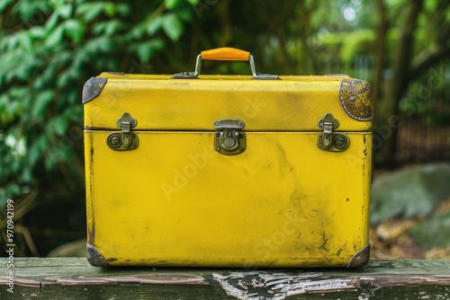 Vibrant Yellow Suitcase placed on wooden bench photo