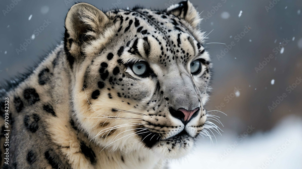 Fototapeta premium Snow leopard closeup showing thick fur and intense gaze with plain background