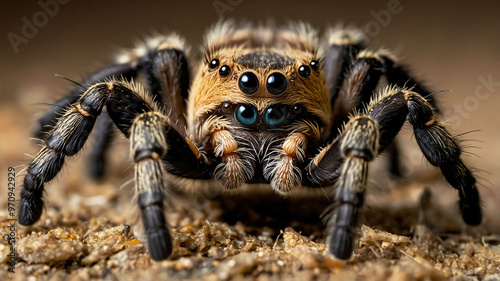 Tarantula closeup showing hairy legs and small eyes with plain background