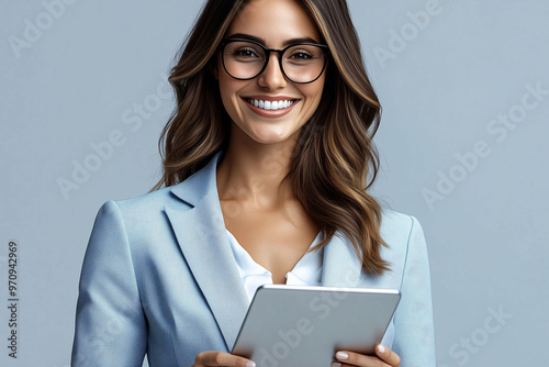 Smarte Business Frau mit langen braunen Haaren, Brille, Tablet in der Hand und blauem Anzug schaut lächelt in die Kamera photo