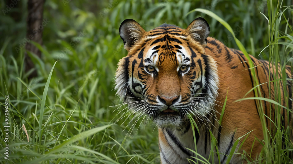 Fototapeta premium Tiger closeup prowling through tall grass in the forest