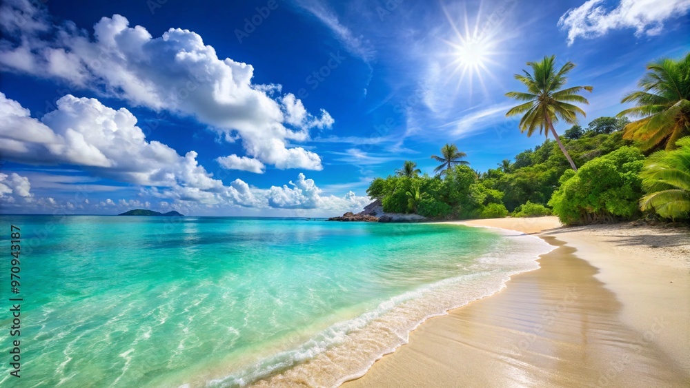 Fototapeta premium A sunny beach scene with clear blue water and soft sand.