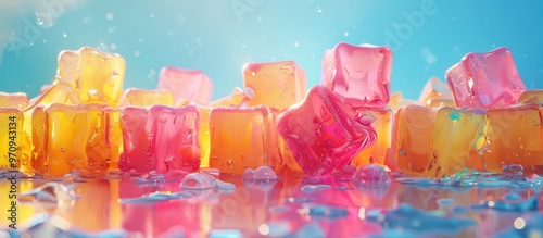 Closeup of a group of colorful and vibrant gummy candy cubes with shiny reflective surfaces arranged in a repeating pattern on a minimalist pastel colored background  The transparent photo