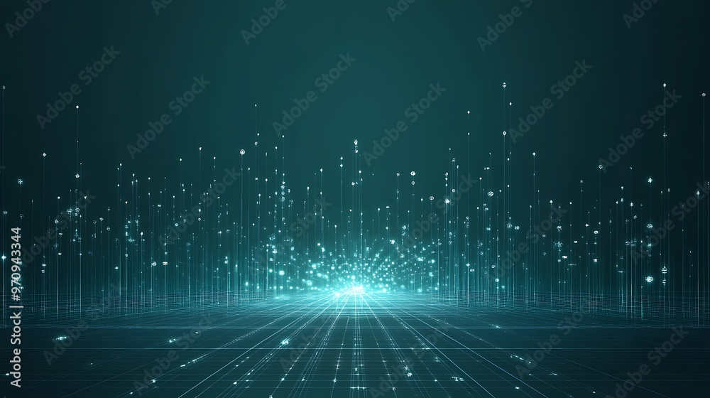 Futuristic digital landscape with glowing particles and lines, creating a sense of depth and technology in a teal color scheme. Futuristic digital landscape with glowing particles and lines, creating a sense of depth and technology in a teal color scheme.