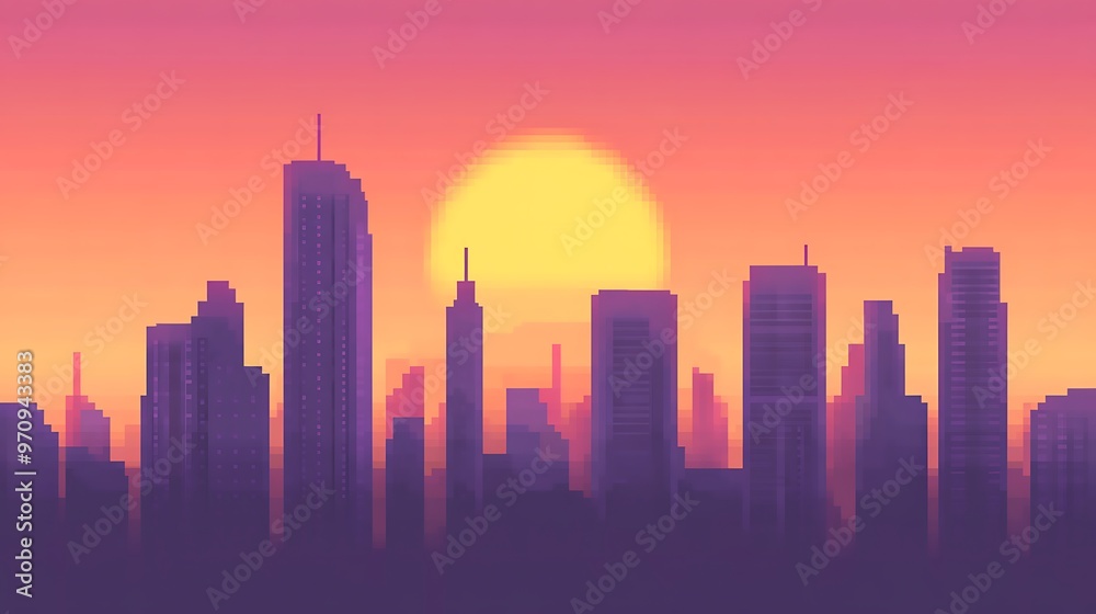 Pixelated Cityscape Silhouette with a Sunset Pixelated Cityscape Silhouette with a Sunset