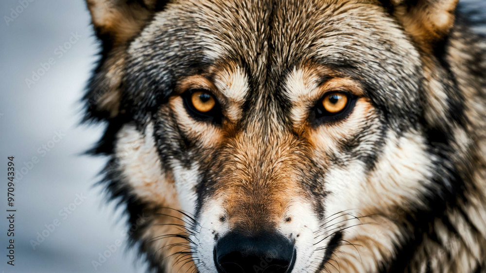 Fototapeta premium Wolf closeup of fur and alert eyes with plain background