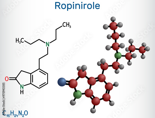 Ropinirole  drug molecule. Used to treat the symptoms of Parkinson's disease. Restless Legs Syndrome RLS. Structural chemical formula, molecule model. Vector illustration