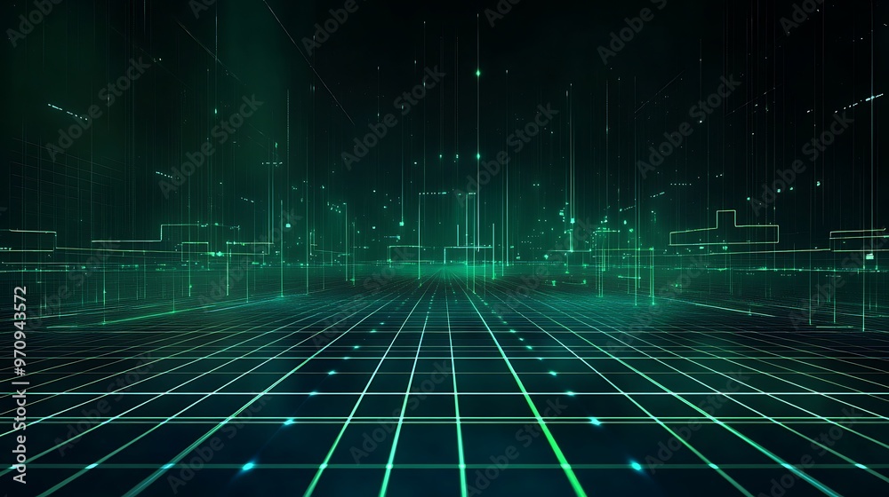 Futuristic digital landscape with grid lines and glowing green data patterns, perfect for tech and innovation themes. Futuristic digital landscape with grid lines and glowing green data patterns, perfect for tech and innovation themes.