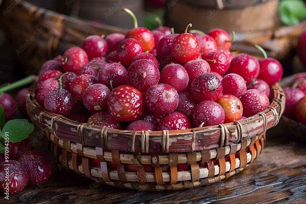 Fresh Dew-Kissed Red Plums in a Rustic Woven Basket - Ideal for Organic Food Prints, Marketing, and Seasonal Displays Fresh Dew-Kissed Red Plums in a Rustic Woven Basket - Ideal for Organic Food Prints, Marketing, and Seasonal Displays