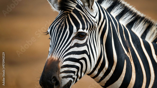 Zebra closeup of striped pattern and attentive ears on plain background