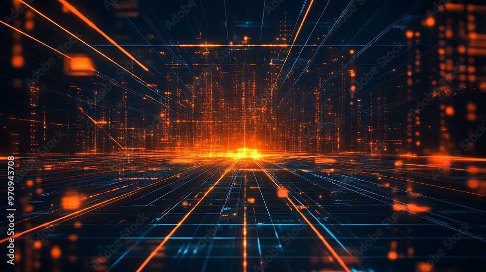 Futuristic digital landscape with vibrant orange and blue lights, representing data flow and technology advancement.