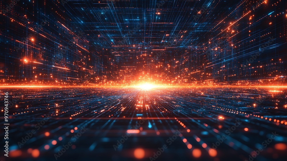 Fototapeta premium Futuristic digital landscape with vibrant orange and blue lights, creating a sense of depth and endless space.