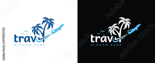 Abstract Travel logo design, Modern Travel with palm tree logo, travel, airplane, birds, beach vector logo design