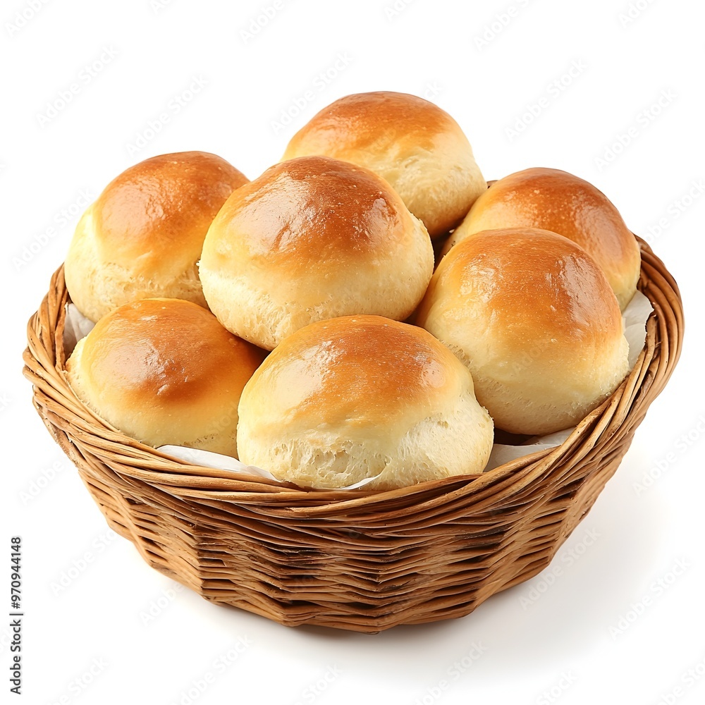 A comforting basket of freshly baked golden brown dinner rolls nestled on a plain white background showcasing the classic homemade appeal of this beloved baked good