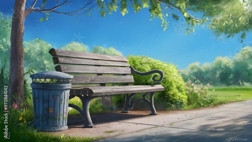 A park bench beside a decorative trash can in a green environment