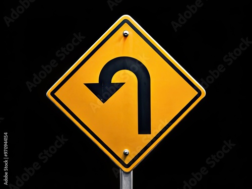 A bold, graphic u-turn sign with a black background and white arrow symbol, indicating a reversal of direction, traffic control, and road navigation guidance. photo