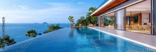 A spectacular cliffside villa showcasing an expansive infinity pool that offers panoramic views of the sea and distant islands, highlighted by a dramatic, clear blue sky.