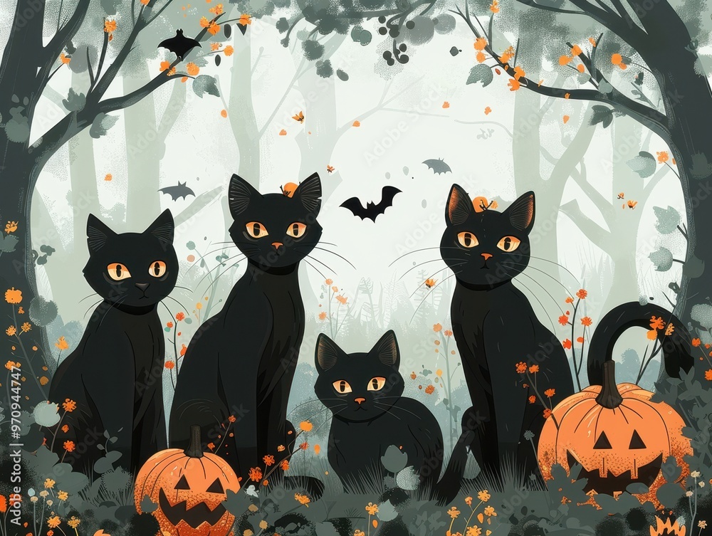 Misty morning with black cats and pumpkins, Halloween charm, flat design illustration. Misty morning with black cats and pumpkins, Halloween charm, flat design illustration.