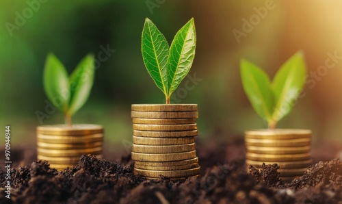 A vibrant image of green plants growing from stacks of coins, symbolizing financial growth and sustainable investment.