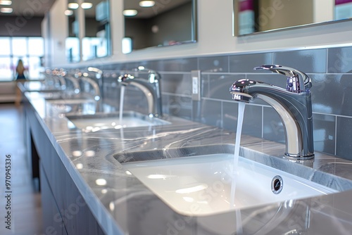 Modern Public Restroom with Marble Countertop and Chrome Faucets Perfect for Interior Design and Architecture Projects
