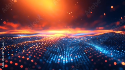 Vibrant digital landscape with glowing particles and sunset hues, ideal for tech and abstract concepts.