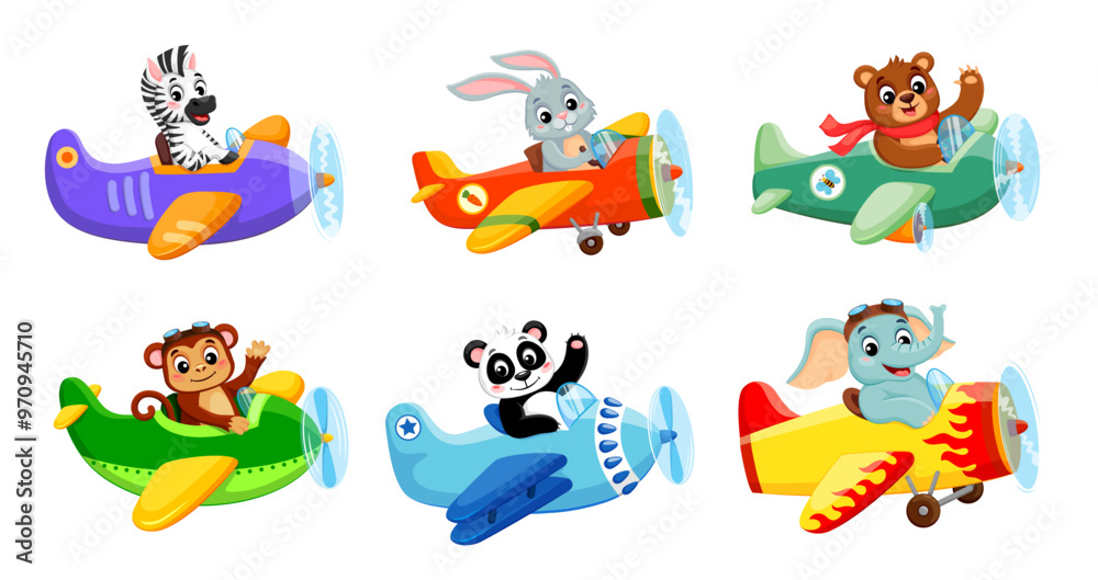 Fototapeta premium Cartoon animals on planes. Cute vector zebra, rabbit, bear and monkey, panda and elephant pilot characters, ready to embark on exciting adventure in the sky. Isolated personages on vintage aeroplanes