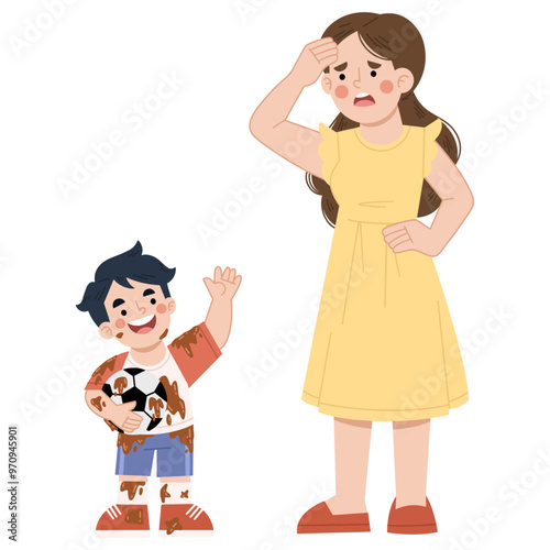 Vector illustration of angry and shocked mother with dirty looking son
