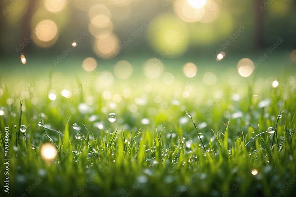 Obraz premium Dew Drops on Grass in the Morning Sun.