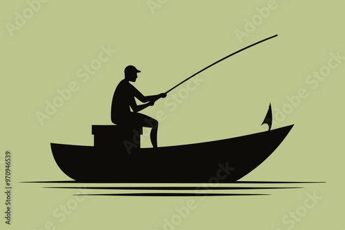 Fishing group with hill water drop and boat in sea on sunset winter season Silhouette Illustration