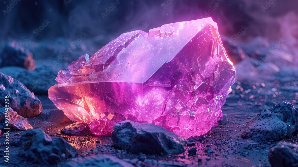 Obraz premium Stunning close up of a captivating purple quartz crystal cluster radiating a mesmerizing glow and magical energy The natural geological formation displays a vibrant iridescent sheen and intricate