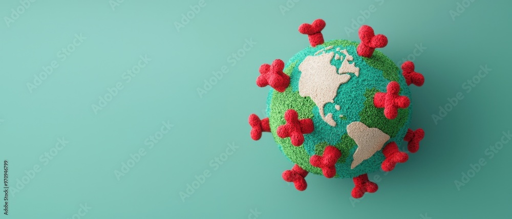 Colorful globe representation highlighting the impact of viruses with red markers, ideal for health and science themes. Colorful globe representation highlighting the impact of viruses with red markers, ideal for health and science themes.