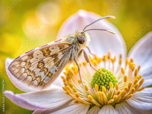 A close-up of a delicate, intricately patterned moth perched on a soft, fuzzy anemone flower, with gentle focus and warm, natural lightning. photo