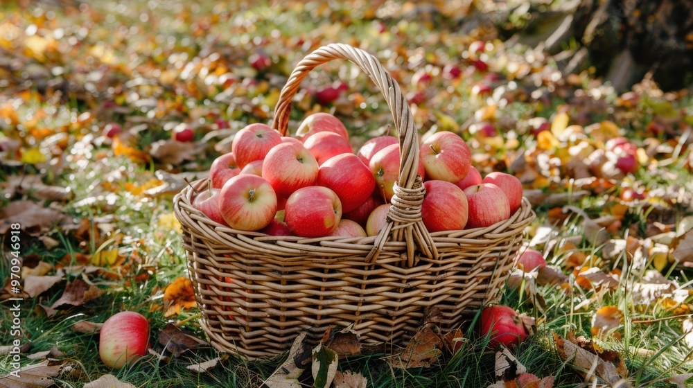 Fresh newly harvested apple in basket on lawn Fresh newly harvested apple in basket on lawn