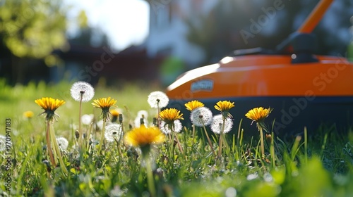 Close up of an orange Husqvarna lawn mower with some dandelions in the foreground