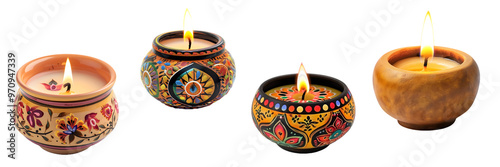 Traditional Diwali clay oil lamp with a brightly burning flame and intricate design isolated on a white background, png