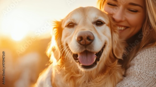 A woman warmly embraces her cheerful dog against a sunset backdrop, capturing a moment of companionship and mutual affection in a serene setting. photo